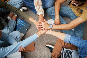 Teamwork, hands and group of students in university for collaboration, unity or motivation. Support, solidarity and people or friends huddle for education goals, learning targets or success mindset.
