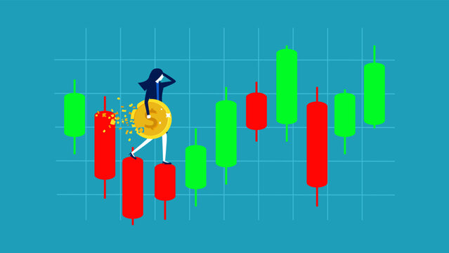 Lose money in the stock market. Businesswoman failed from Investing on candlestick charts vector