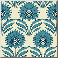 Antique square tile botanic garden vintage pattern exotic blue flower