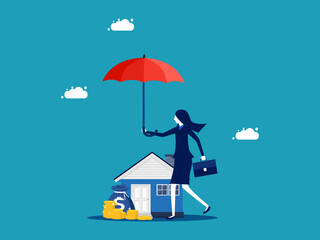 Businesswoman holding an umbrella protecting piles of coins and houses. concept of protection of assets or wealth vector