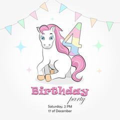Invitation to a birthday party of 4 years old with a pony, holiday flags and the number 4. Vector illustration