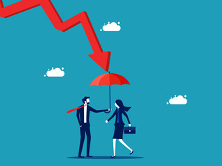 Preventing risks and crises. Businessman holding an umbrella to falling arrows vector