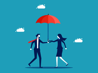 woman holds an umbrella for a man. protection and empathy vector