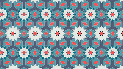 Arabic seamless pattern in multicolored palette. Arabic Muslim ethnic style. Ramadan wallpaper design. Vector