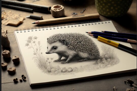  a hedgehog sitting on a table next to some pencils and a drawing of flowers and plants on a notebook with a pencil and crayons nearby on the table, with a pencil.