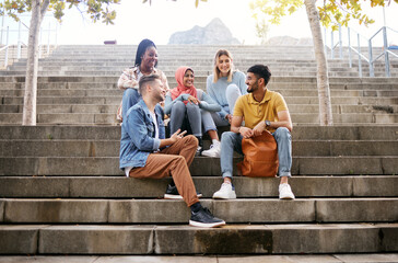 Relax, friends or students on stairs at break talking or speaking of future goals or education on...