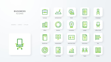 Business icon collection with green duotone style. Corporate, currency, database, development, discover, document, e commerce. Vector illustration