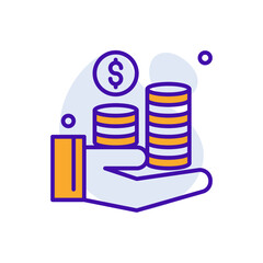 Finance business icon with purple and orange duotone style. Wallet, currency, line, coin, symbol, sign, credit. Vector illustration