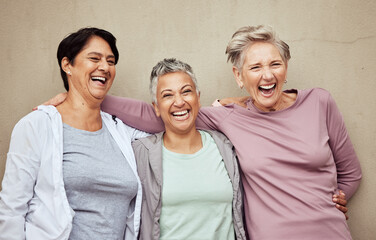 Senior women, group and laughing for fitness, workout or happiness of healthy lifestyle together. Mature female friends relax after training, wellness and funny retirement exercise on wall background