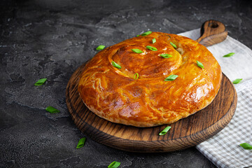 Homemade pie with chicken and onions. Onion pie