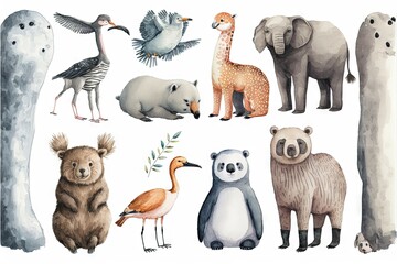  a group of animals that are standing in the grass together, and a bird, bear, and giraffe are standing in the grass together, and a tall pole is also a bird, and a bird, and a bird,.