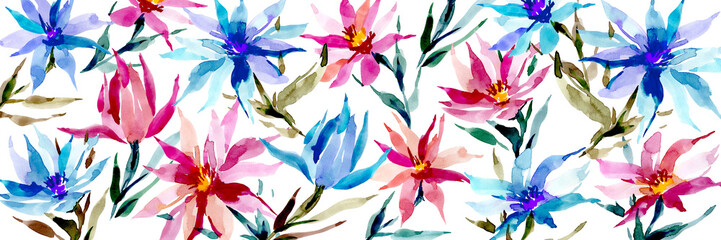 Floral print for fabric, textiles. packaging, design, scarf. Watercolor flowers in the form of a print. Abstract spring background. Watercolor flower texture