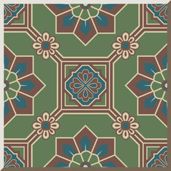 Antique square tile botanic garden vintage pattern oriental flower polygon cross line