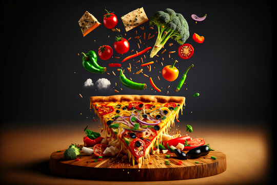 tasty pizza on a wooden chopping board with scattered ingredients
