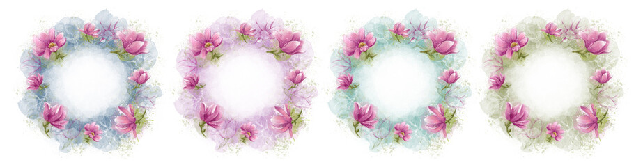 A set of round flower wreaths on a white background. Watercolor wreaths of buds, set