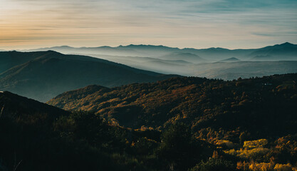 Foggy mountain scenery with blue tones