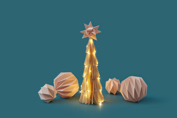 Paper ornaments and Christmas tree with lights.