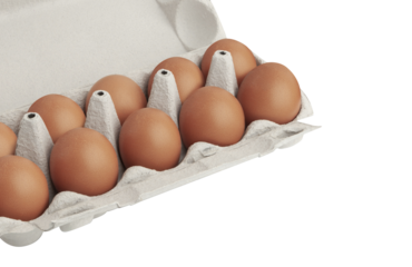 Open egg box with ten brown eggs isolated on a transparent background