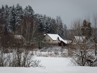 winter cold cloudy lonely house on the edge of the forest