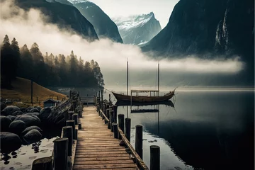 Tuinposter  a boat is docked at a pier in a lake with mountains in the background and fog in the air above it, and a dock is surrounded by rocks and a dock with a wooden. © Anna