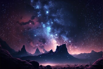 Fototapeta premium Experience the beauty of the starry night sky in this mesmerizing photograph. Adorned with twinkling stars, it's a tribute to the grandeur of the universe. 