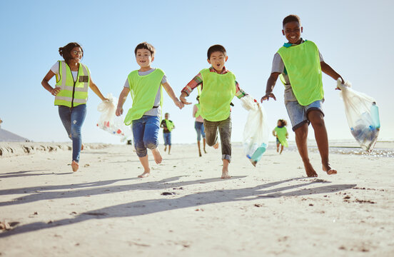 Fun children, plastic bag or beach cleaning, trash collection run or waste management in ocean clean up education or community service. Happy kids, climate change or volunteering for nature recycling