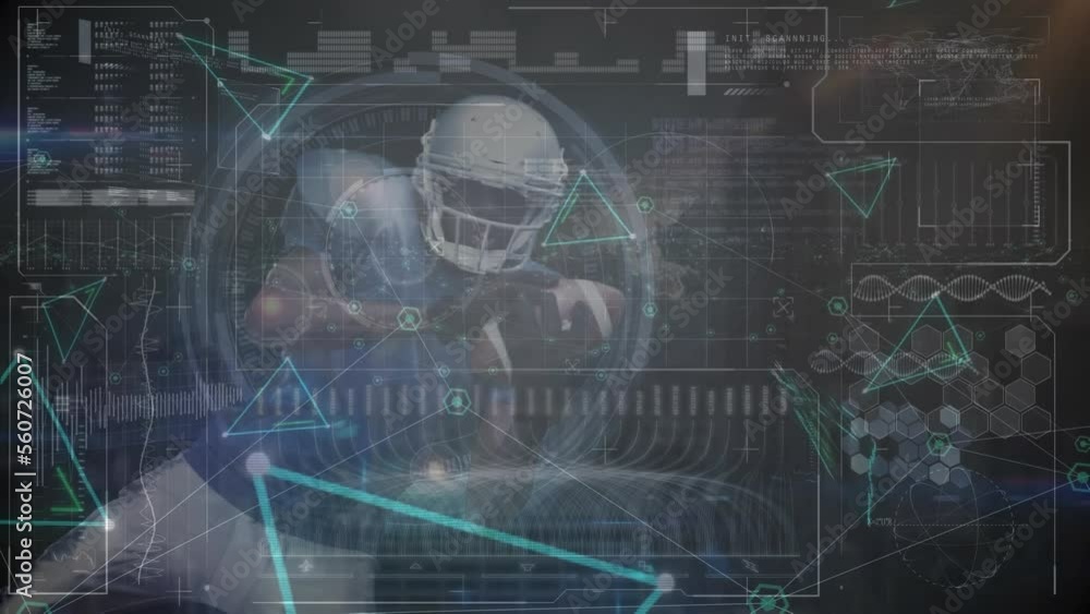Poster animation of computer data processing over american football player