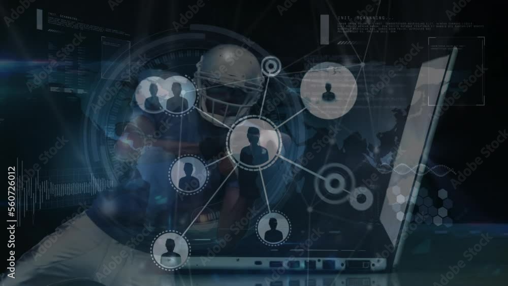 Aufkleber animation of computer data processing and connections over laptop and american football player