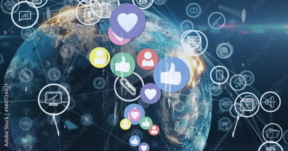 Poster animation of globe with network of connections with data processing and icons