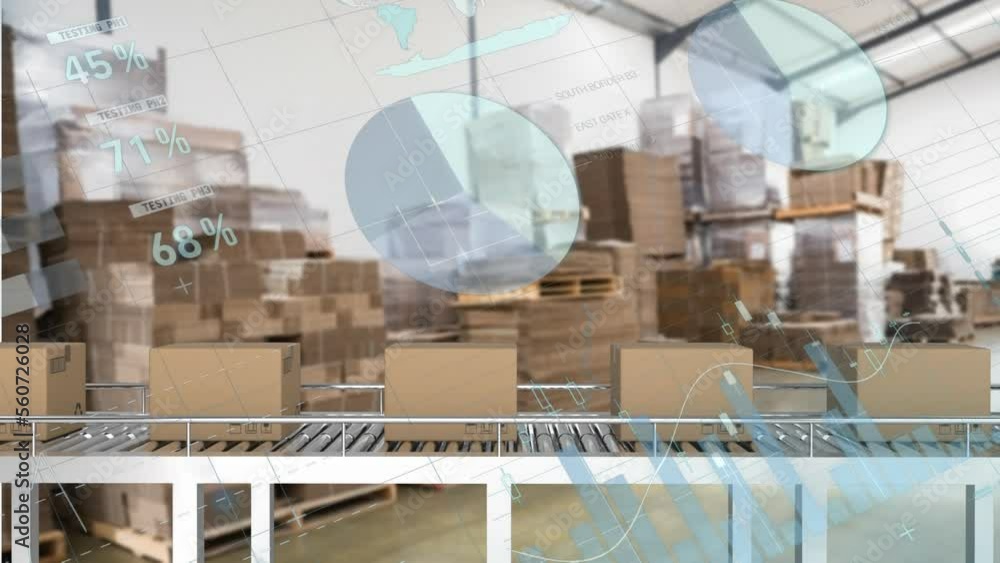 Poster animation of statistical data processing over delivery boxes on conveyer belt against warehouse