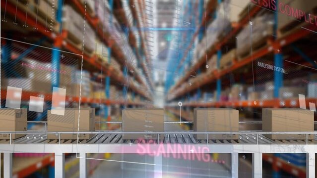 Animation of interface with data processing over delivery boxes on conveyer belt against warehouse