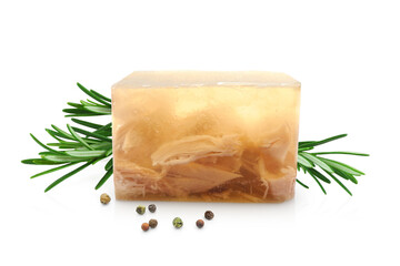Piece of tasty jellied meat (pork aspic) with spices isolated on white background  