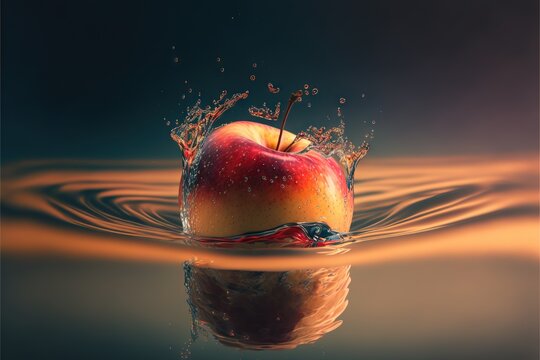  an apple is splashing into the water with a splash of water on it's surface and a splash of water on the top of the apple is in the water, and the bottom of the image.