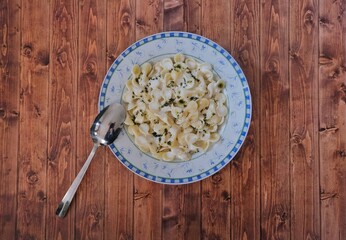 Pasta with yogurt and sauce. Background wooden floor.
