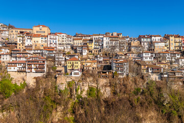 Scenic view of the city of Veliko Tarnovo in Bulgaria under warm winter sunlight 