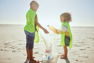 Children, plastic bottles or beach clean up in climate change, environment sustainability or planet...