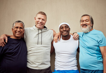 Happy men, exercise group and portrait in city on wall background outdoor. Smile, fitness and mature male friends with happiness for workout, community wellness or support of healthy sports diversity