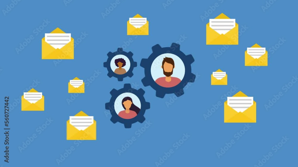 Poster gears humans teamwork and email.motion animation.flat design