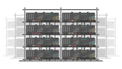 Row of simple network servers in data center in front view with many small colored buttons in flat style, server room infrastructure isolated