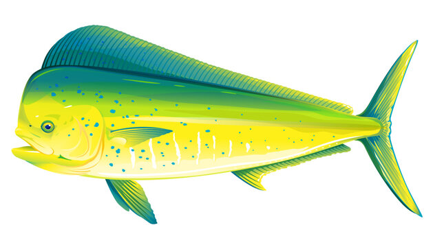 Common dolphinfish in side view, realistic sea fish illustration on white background