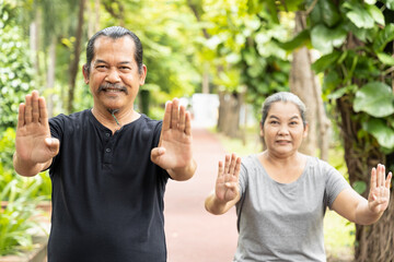 Healthy senior man and woman exercising, practicing qigong kungfu in summer park