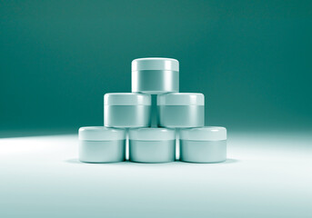 Six jars of women's cream stand in the shape of a pyramid. 3d render of jars for beauty cream