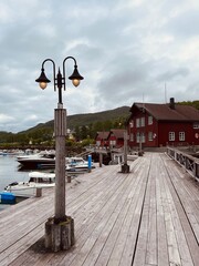 Norwegian small town dock, fjords view