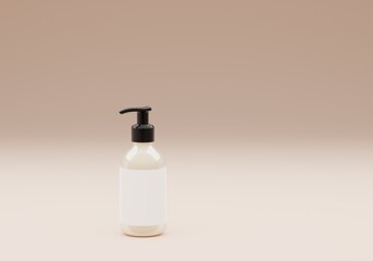 A plastic bottle for soap, shampoo, cream, disinfectant with a pump stands on a beige background. Soap bottle 3d render