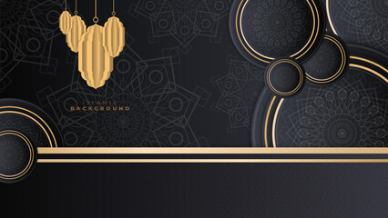 Elegant 3d realistic black and gold ramadan kareem background banner with islamic decoration, mandala pattern, mosque, lantern, and golden border. Vector illustration