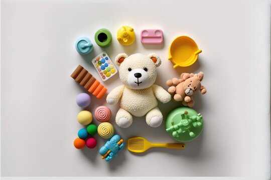  a teddy bear surrounded by toys on a white surface with a white background and a white frame around it that says, baby toys are on the bottom of the picture, and bottom,.