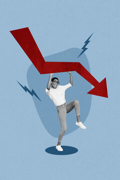Collage photo of decreasing falling down red arrow problems stock market bad news inflation recession crisis situation isolated on blue background