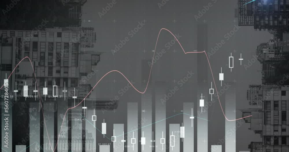 Poster animation of statistical data processing against view of inverted tall buildings