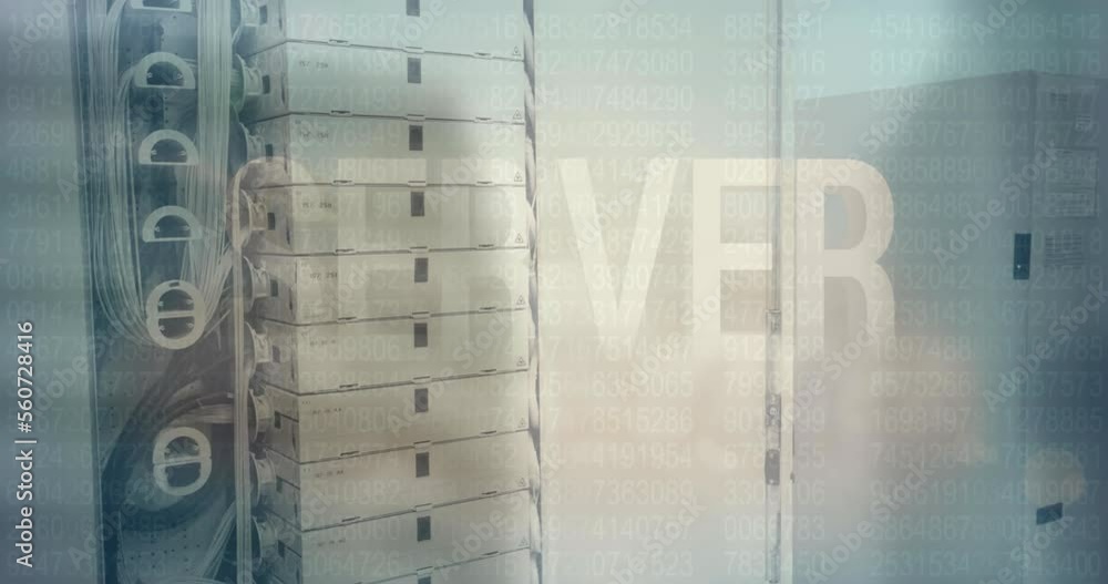 Poster animation of server text banner and data processing against close up of a computer server