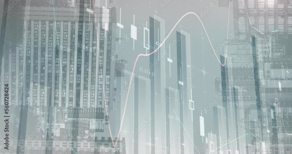 Poster animation of statistical data processing against view of inverted tall buildings
